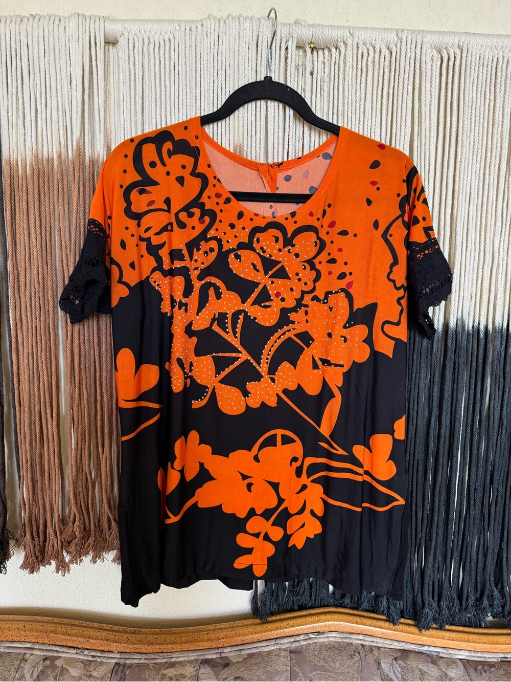 Orange + black floral short sleeve blouse with rhinestone details